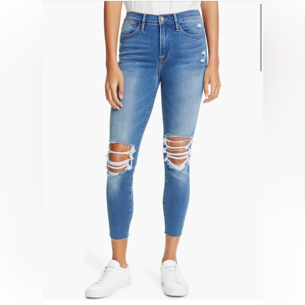 Frame Gaby Ripped High Waist Raw Hem Crop Skinny Jeans, size 27